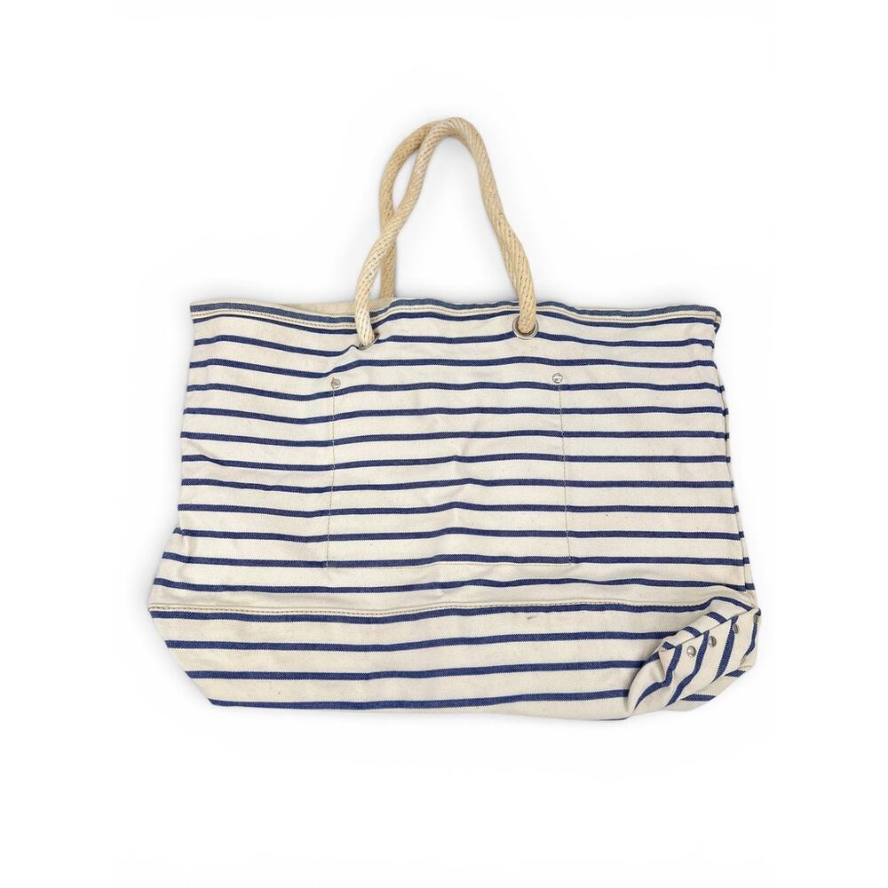J. Crew Nautical Stripe Tote Bag‎ with Rope Handles Cream and Blue Cotton Canvas